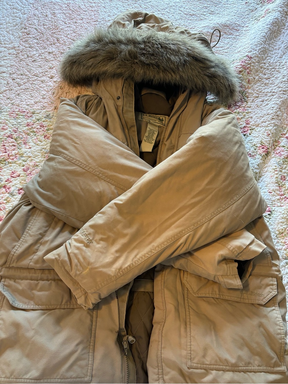 L.L. Bean Men's Tan Puffer Parka with Faux Fur Hood